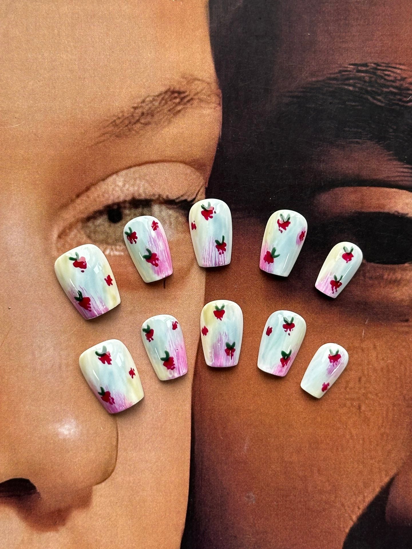 Floral oil painting handmade press-on nails